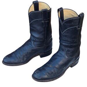 Vintage Justin Cowboy Boots Dark Blue Leather Mens 7.5 D Made in USA Ropers